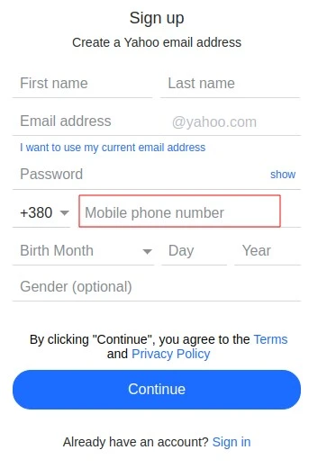 Setting up a Yahoo email account 