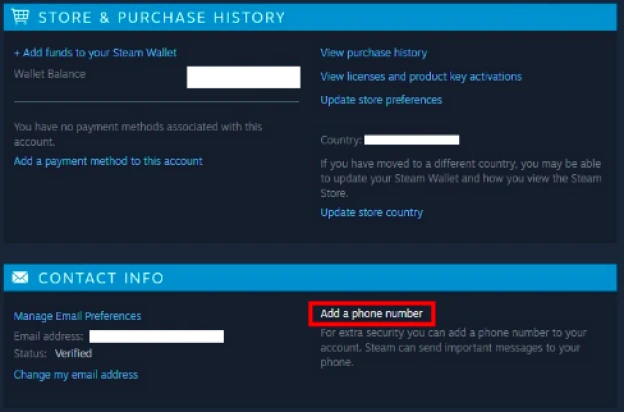 Phone number link Steam