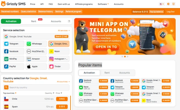Virtual numbers from Grizzly SMS