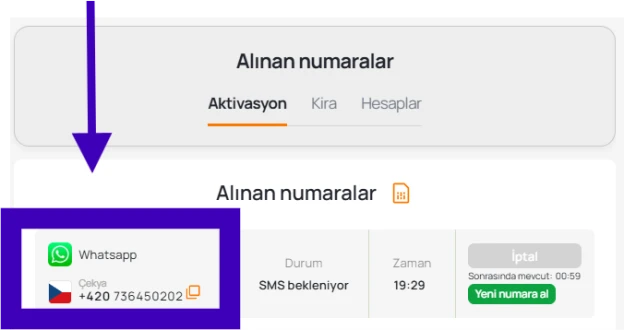 Satın alınan numarayı kopyalayın
