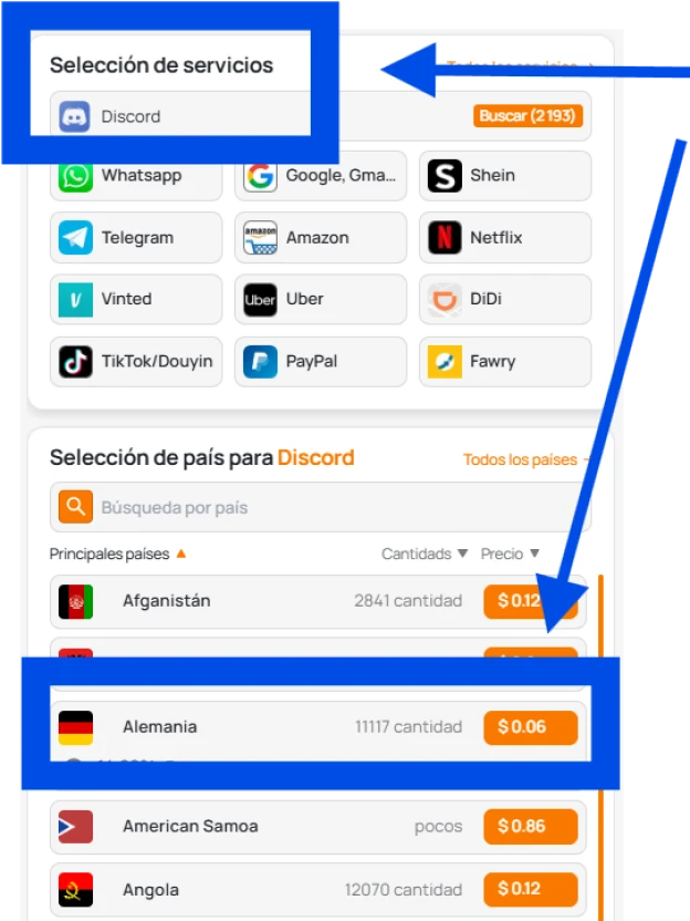 Selecciona el servicio y el país del operador