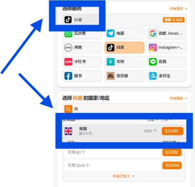 выбор страны и сервиса