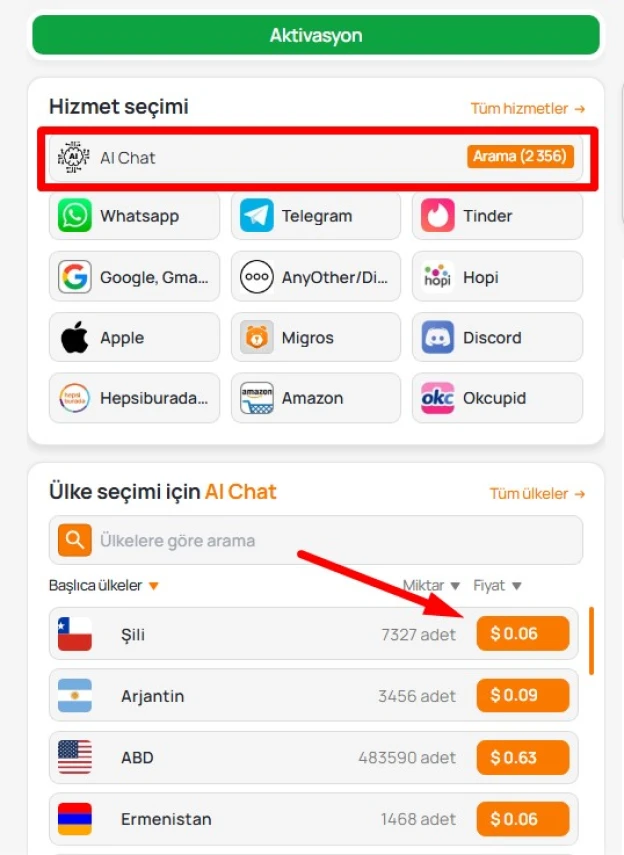 Grizzly SMS’te AI hizmetleri için sanal numara satın alın