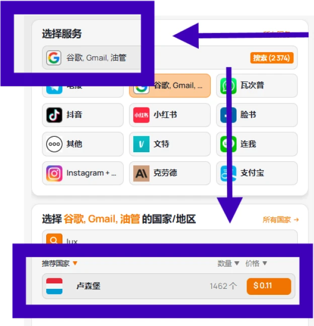 服务和地区选择