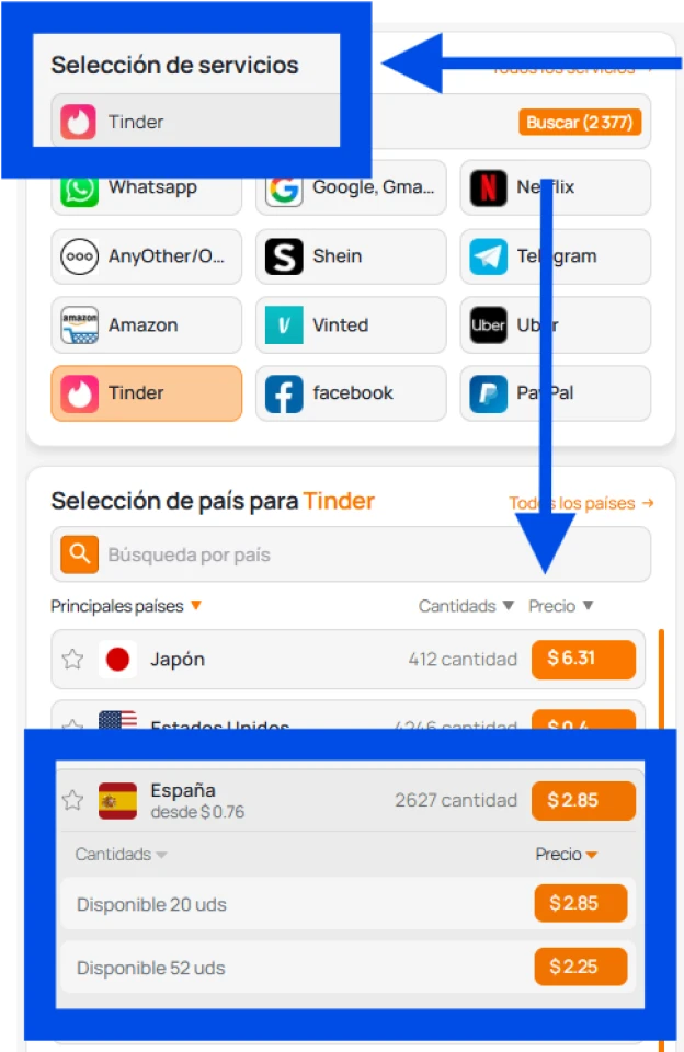 Selección de servicio y región