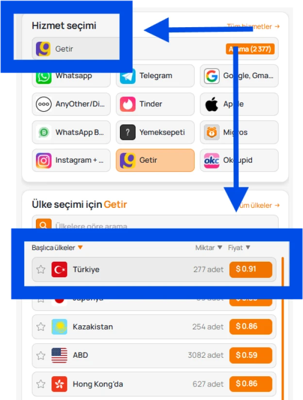 Hizmet ve bölge seçimi