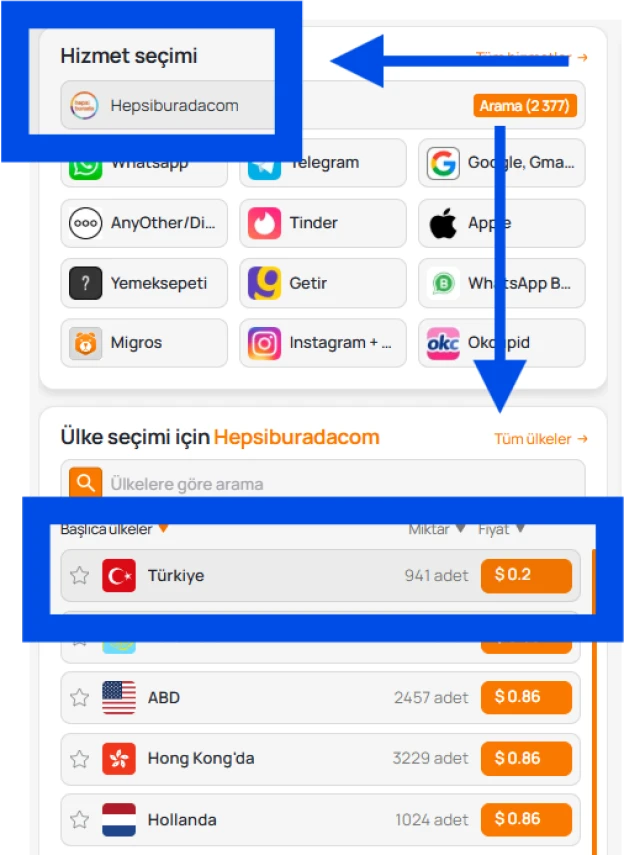 Hizmet ve bölge seçimi