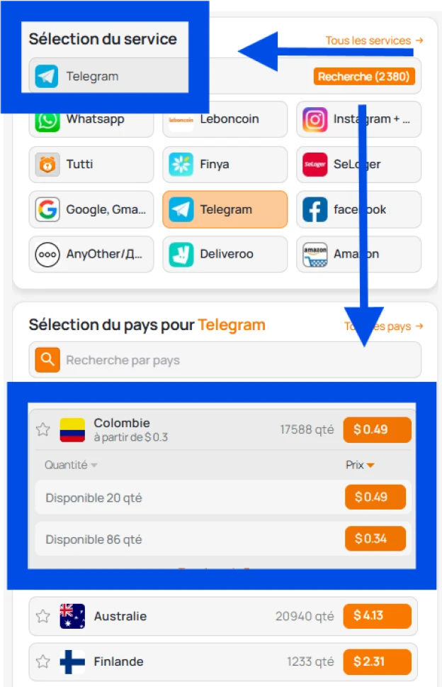 Choix d'un service et d'un pays
