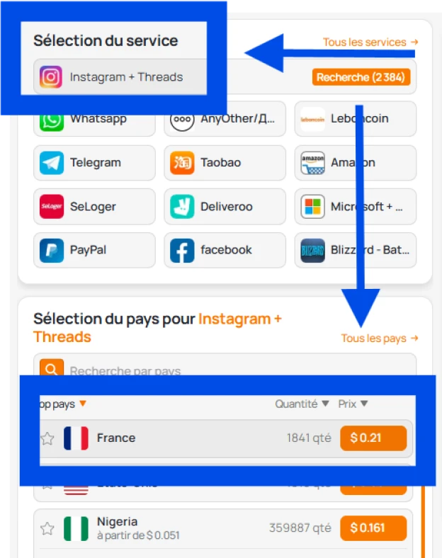 Choix d'un service et d'un pays