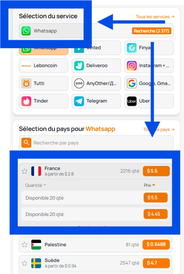 Choix d'un service et d'un pays