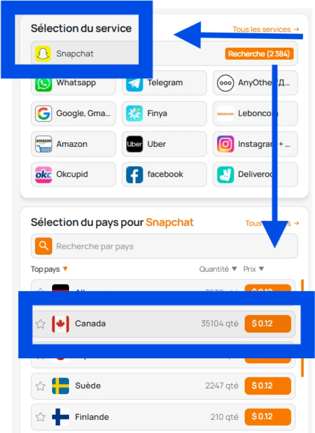 Choix d'un service et d'un pays