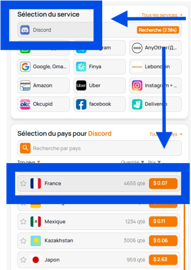 Choix d'un service et d'un pays