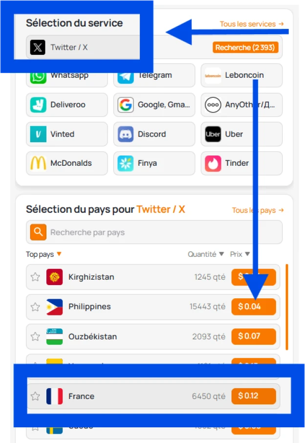 Choix d'un service et d'un pays