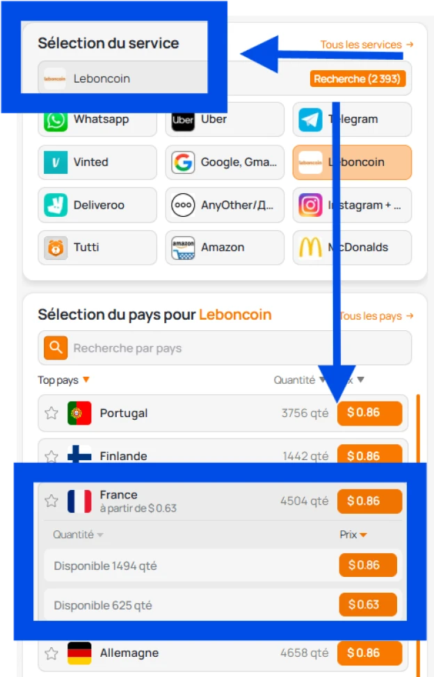 Choix d'un service et d'un pays