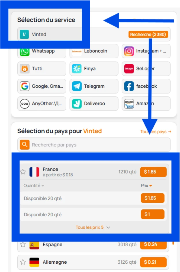 Choix d'un service et d'un pays