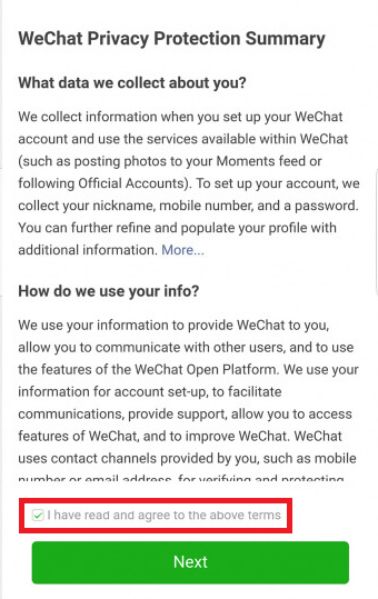 WeChat sign up phone number