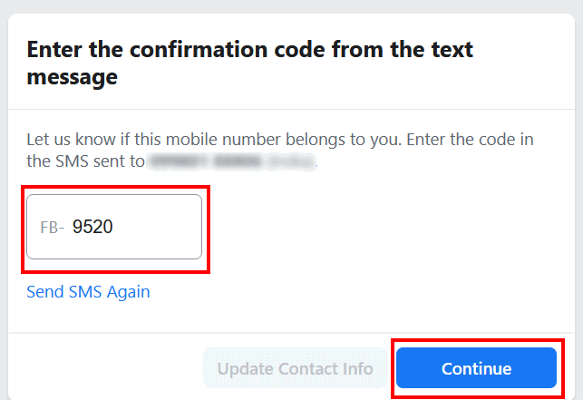 facebook confirmation code