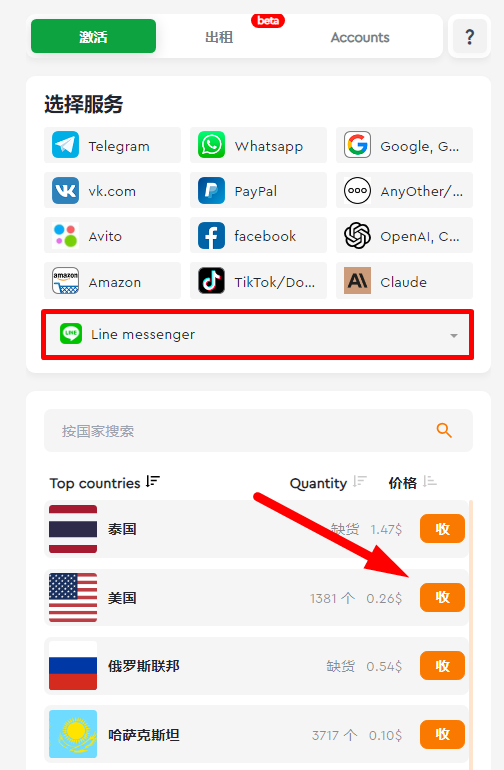 图 3 购买虚拟号码注册Line Messenger